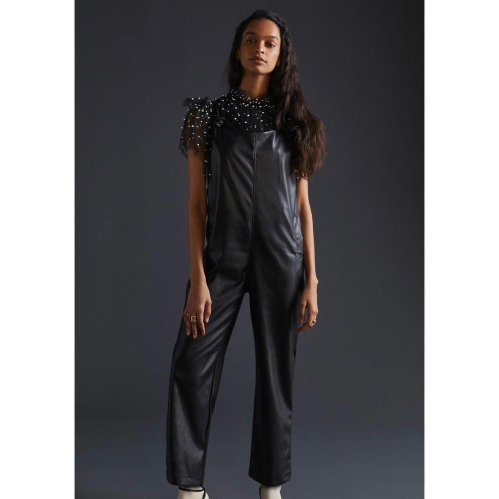 Anthropologie Black Faux Leather Jumpsuit